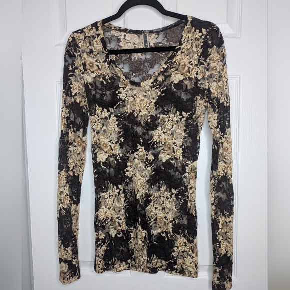 Vintage 90s Y2K Sheer Lace Top Cream and Brown Roses Large - Picture 1 of 5